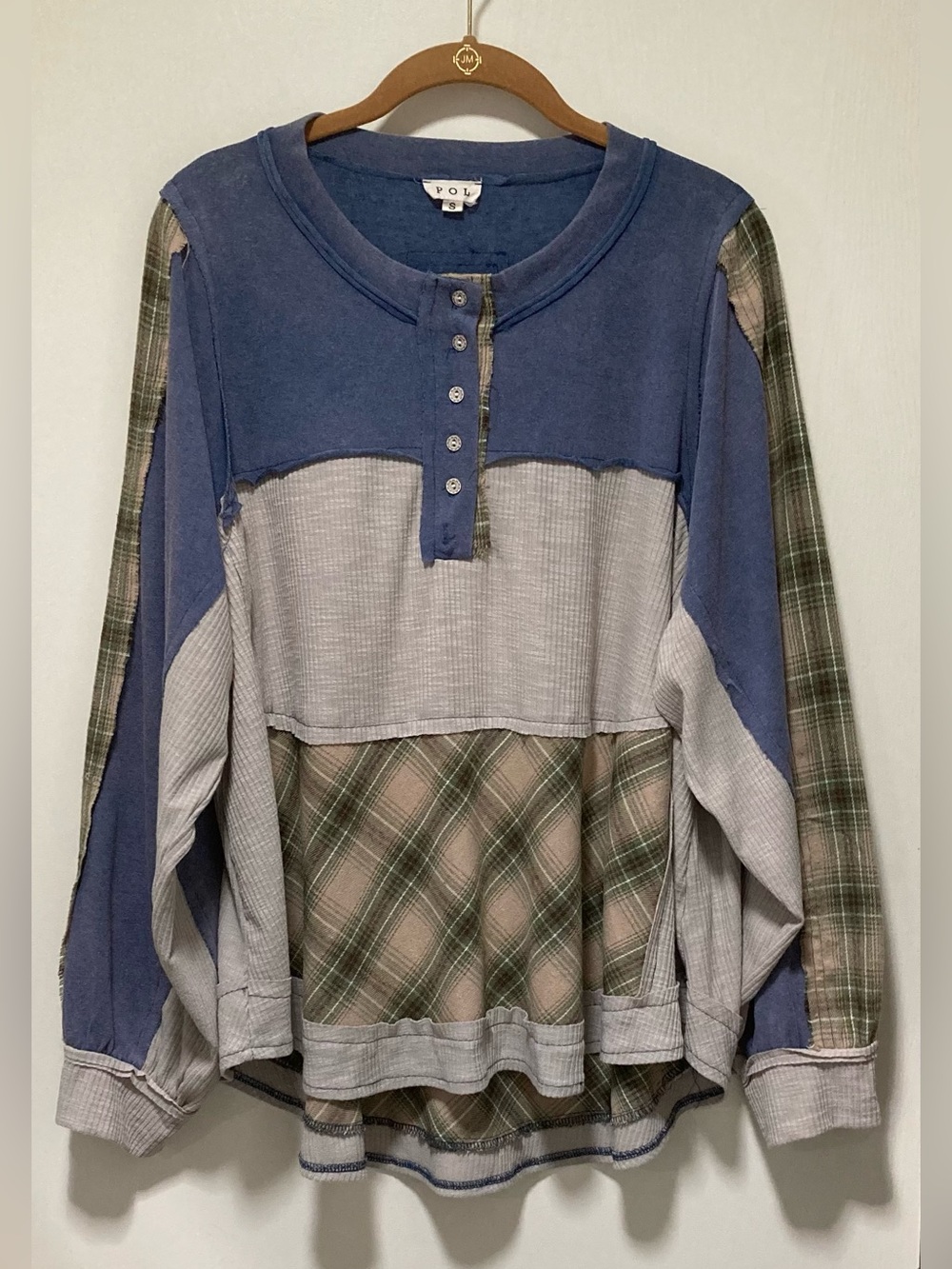 POL Blue, Gray & Green Patchwork Henley Shirt